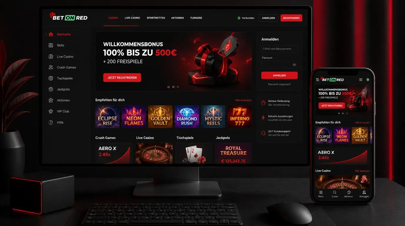 Moderne Casino-Plattform auf Desktop und Smartphone mit übersichtlichem Spielkatalog