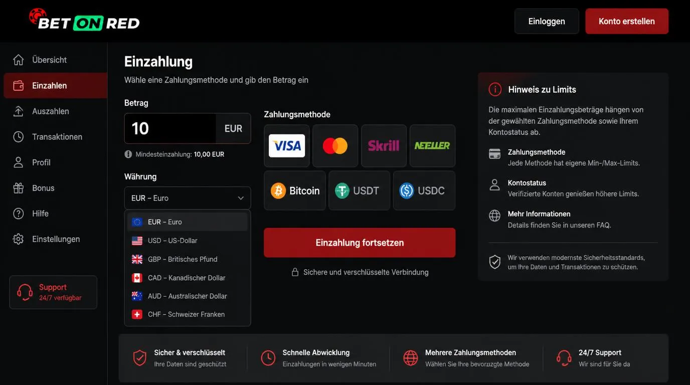 Kassenbereich mit Mindesteinzahlung von 10 Euro, Zahlungsarten und angezeigten Einzahlungslimits