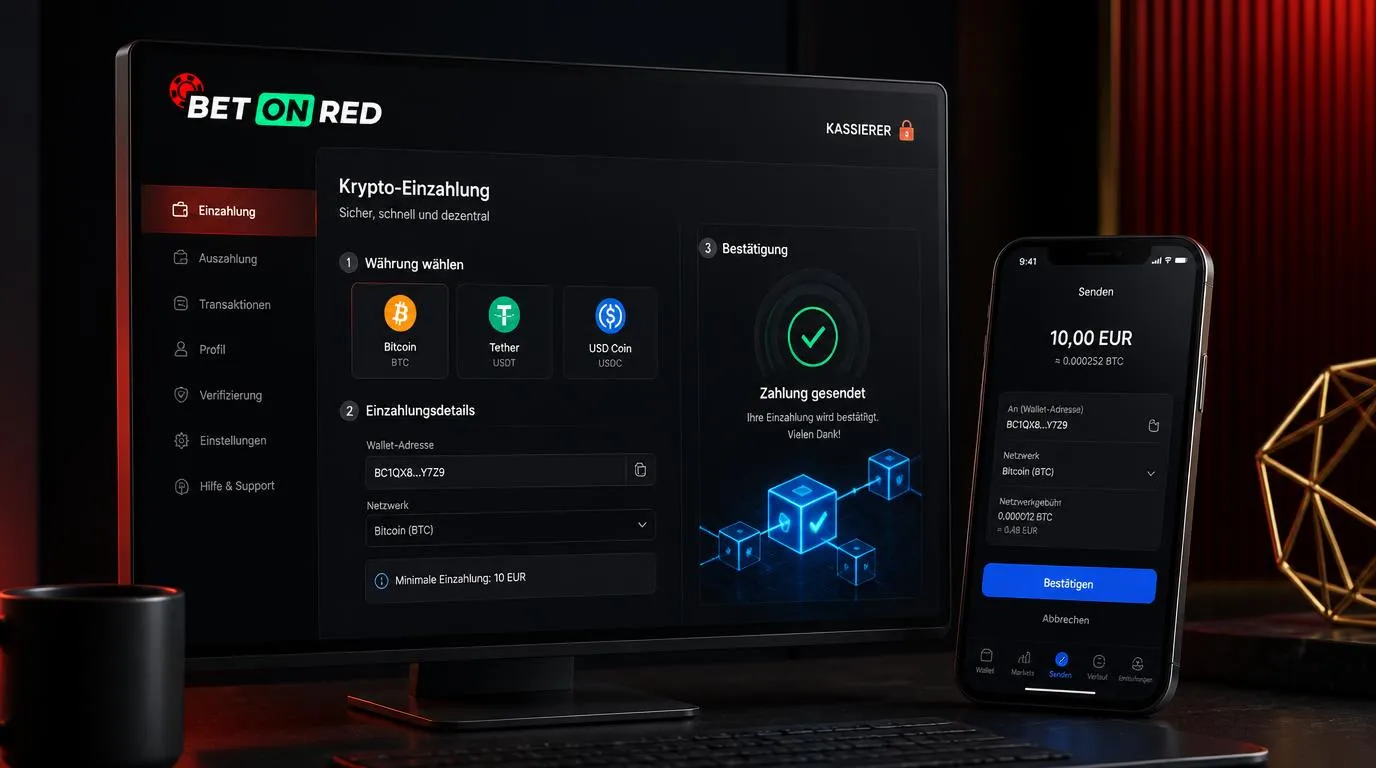 Krypto-Einzahlung im Casino-Kassenbereich mit Bitcoin, USDT und USDC sowie angezeigter Wallet-Adresse