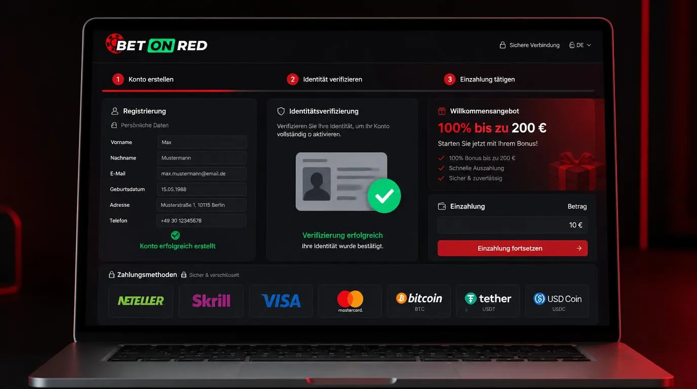Registrierung und Zahlungsbereich eines Online-Casinos mit Identitätsprüfung und verschiedenen Einzahlungsmethoden