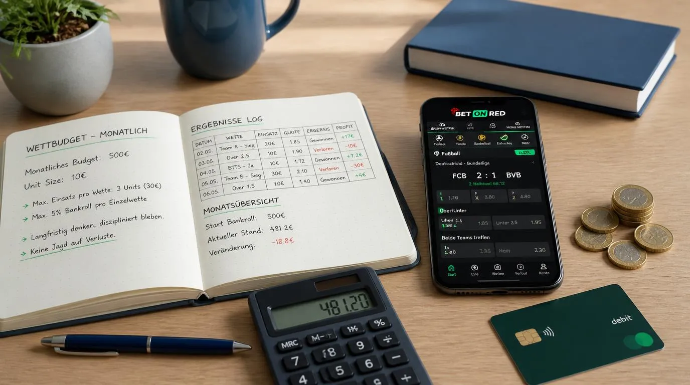 Notizbuch mit Wettbudget, Taschenrechner und Smartphone mit Sportwettenübersicht