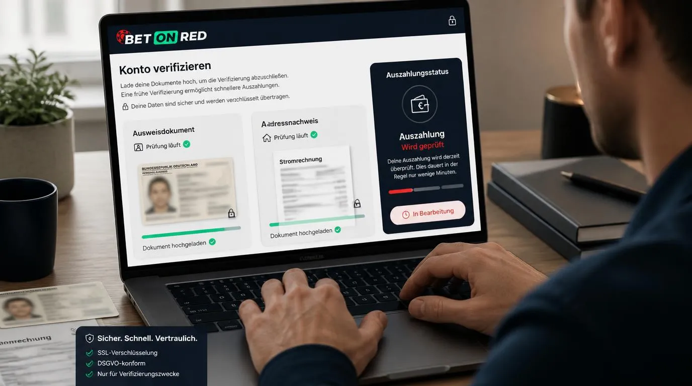 Nutzer lädt Ausweis und Adressnachweis sicher im Casino-Kontobereich zur KYC-Prüfung hoch