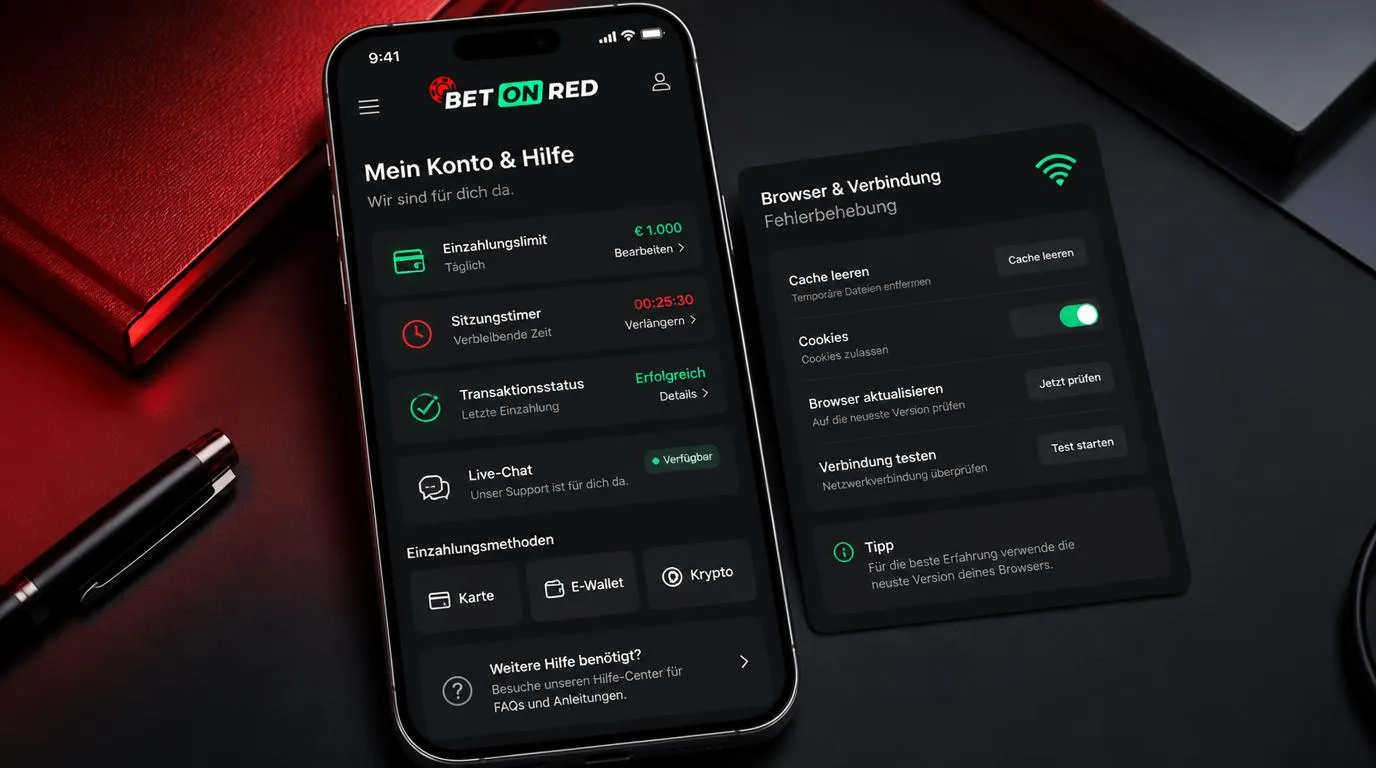 Smartphone mit Casino-Konto, Sicherheitslimits, Live-Chat und Zahlungsoptionen auf dem Display