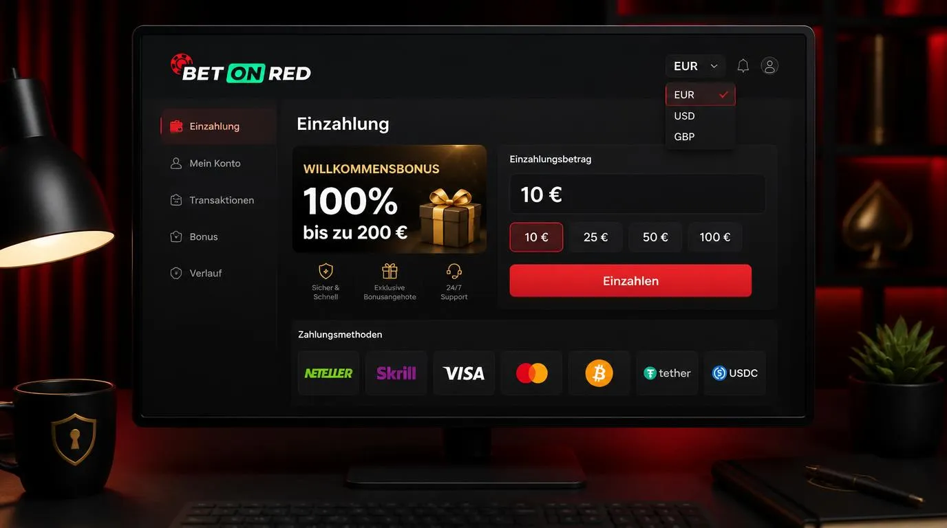 Einzahlungsmaske eines Online-Casinos mit Willkommensbonus und verschiedenen Zahlungsoptionen
