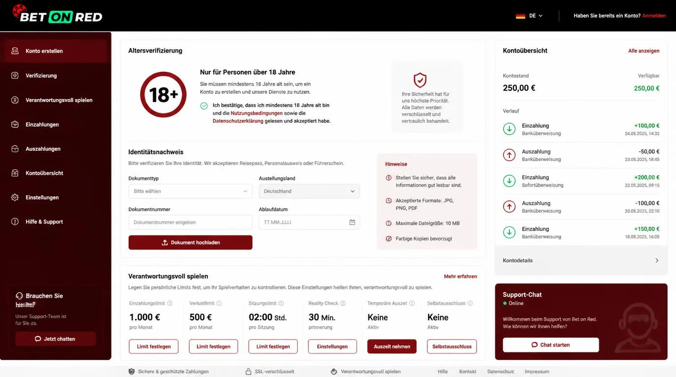 Registrierungsmaske mit Altersprüfung, Einsatzlimits und Auszeit-Optionen für erwachsene Nutzer in Deutschland