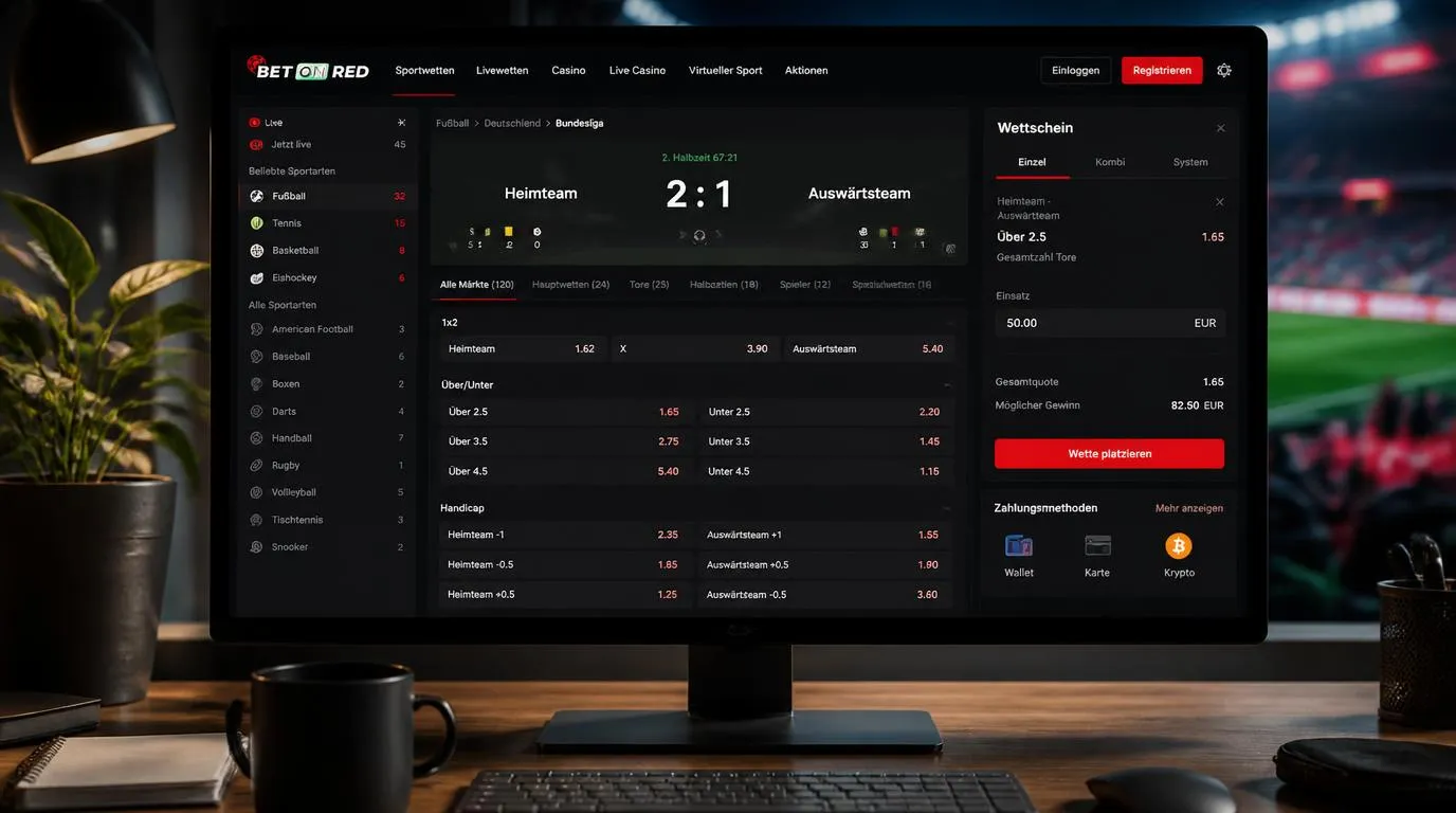 Sportwetten-Oberfläche mit Live-Quoten, Fußballmarkt und digitalem Wettschein in Euro