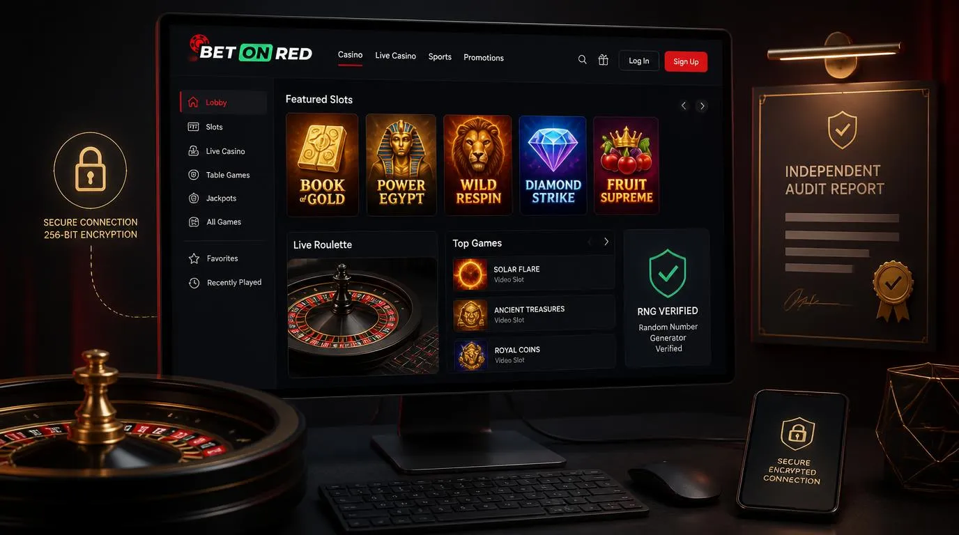 Online-Casino-Oberfläche mit geprüften Slots, RNG-Siegel und geschützter Spielverbindung