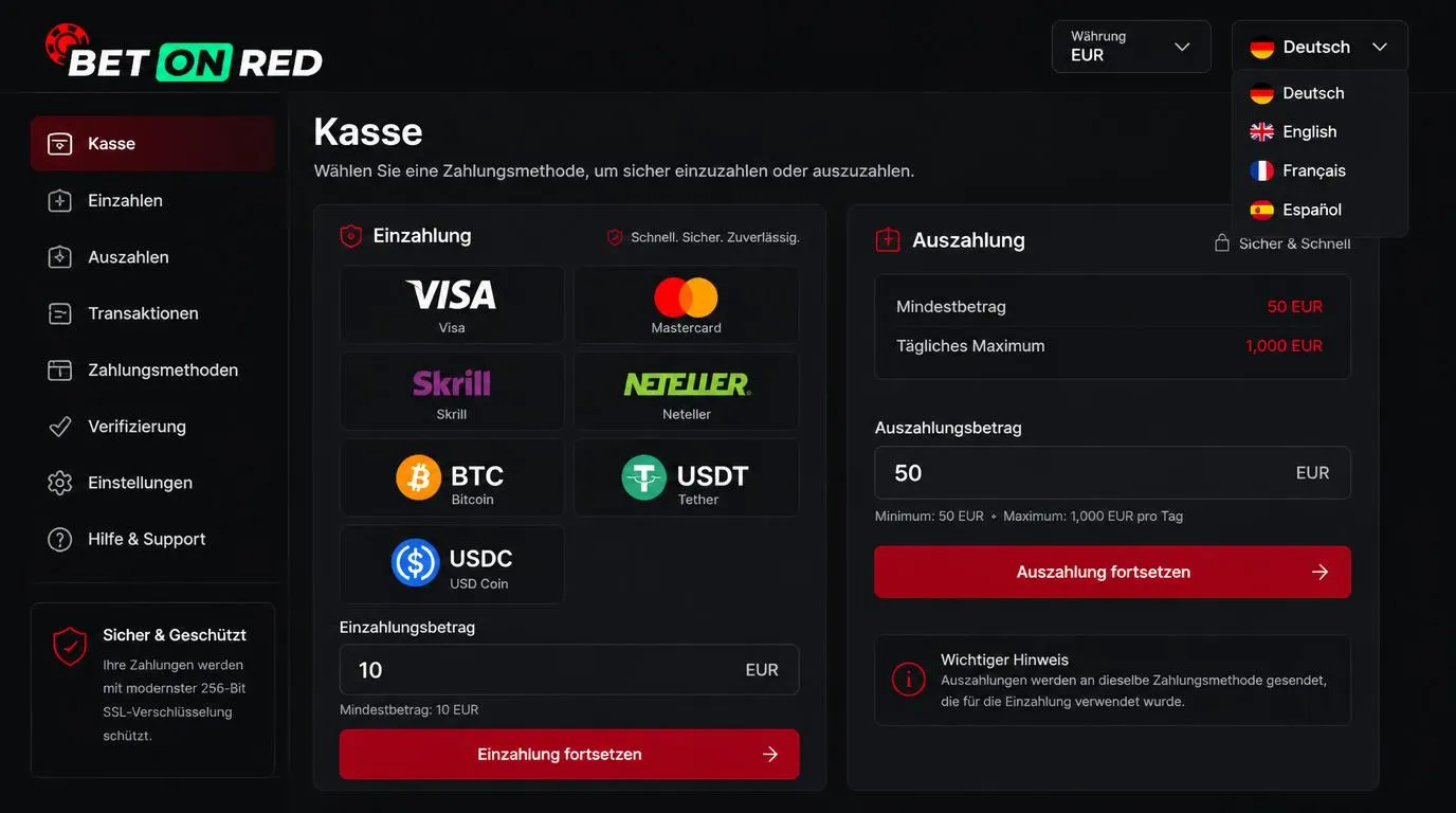 Casino-Zahlungsbereich mit Karten, E-Wallets, Kryptowährungen und Auswahl der Kontowährung