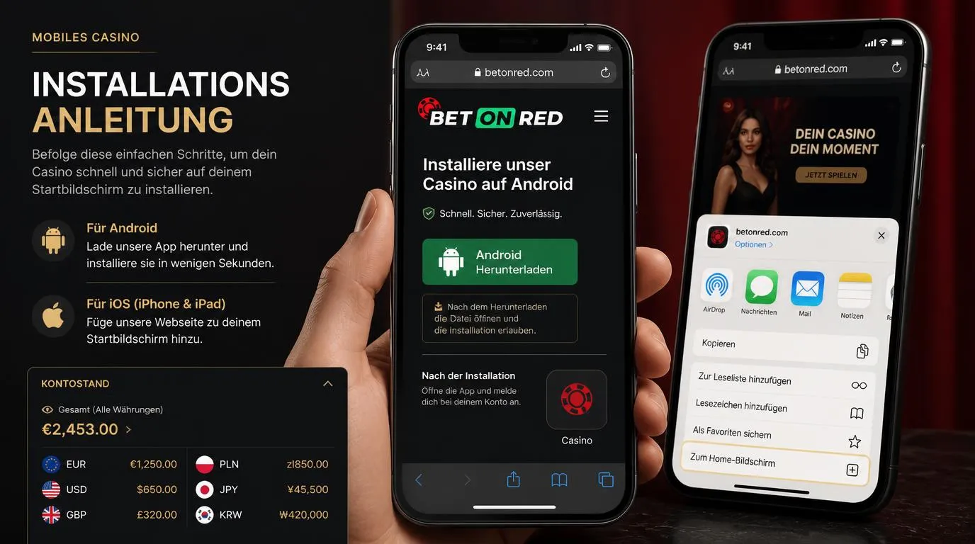 Smartphone mit mobiler Casino-Startseite, App-Verknüpfung und Anzeige mehrerer Kontowährungen